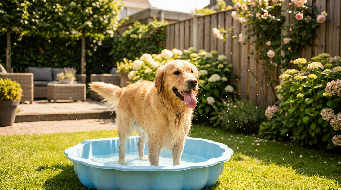 Blije golden retriever koelt af in een hondenzwembadje in de tuin op een warme zomerdag
