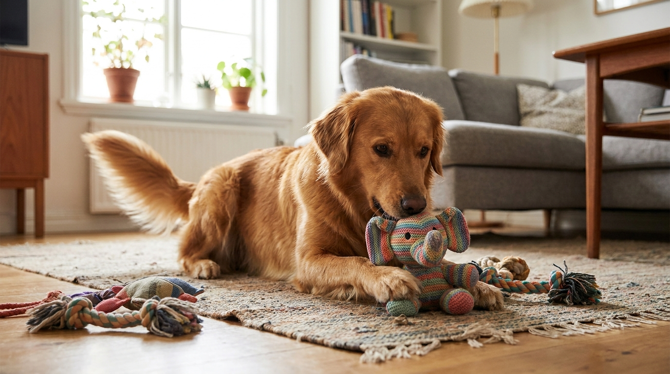 Blije hond speelt thuis op de woonkamervloer met een kleurrijk hondenspeeltje